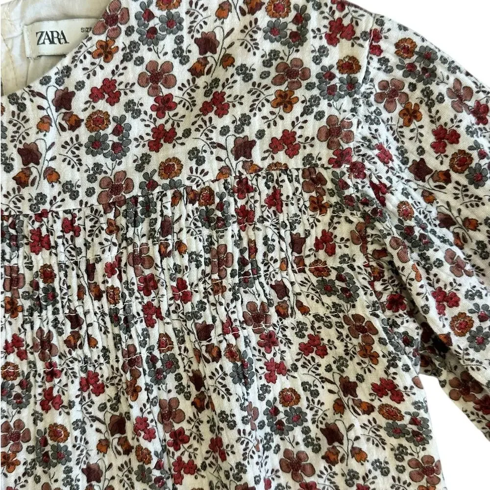 Zara White Floral Dress with Red and Brown Print
